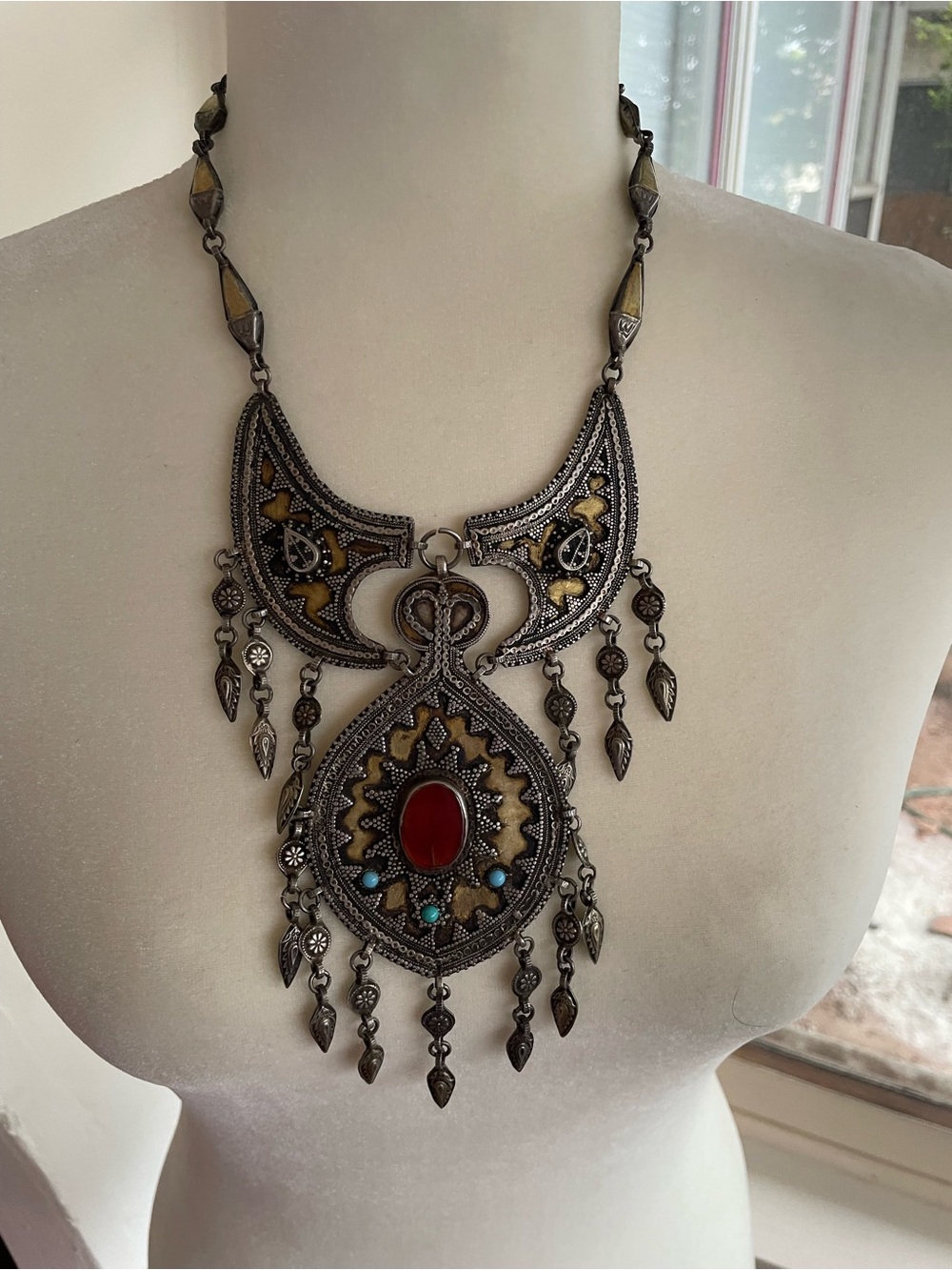 Bohemian Silver-Tone Statement Necklace with Red and Turquoise Accents